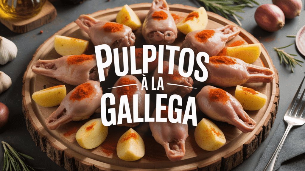 Pulpitos a la gallega sur assiette en bois avec pommes de terre