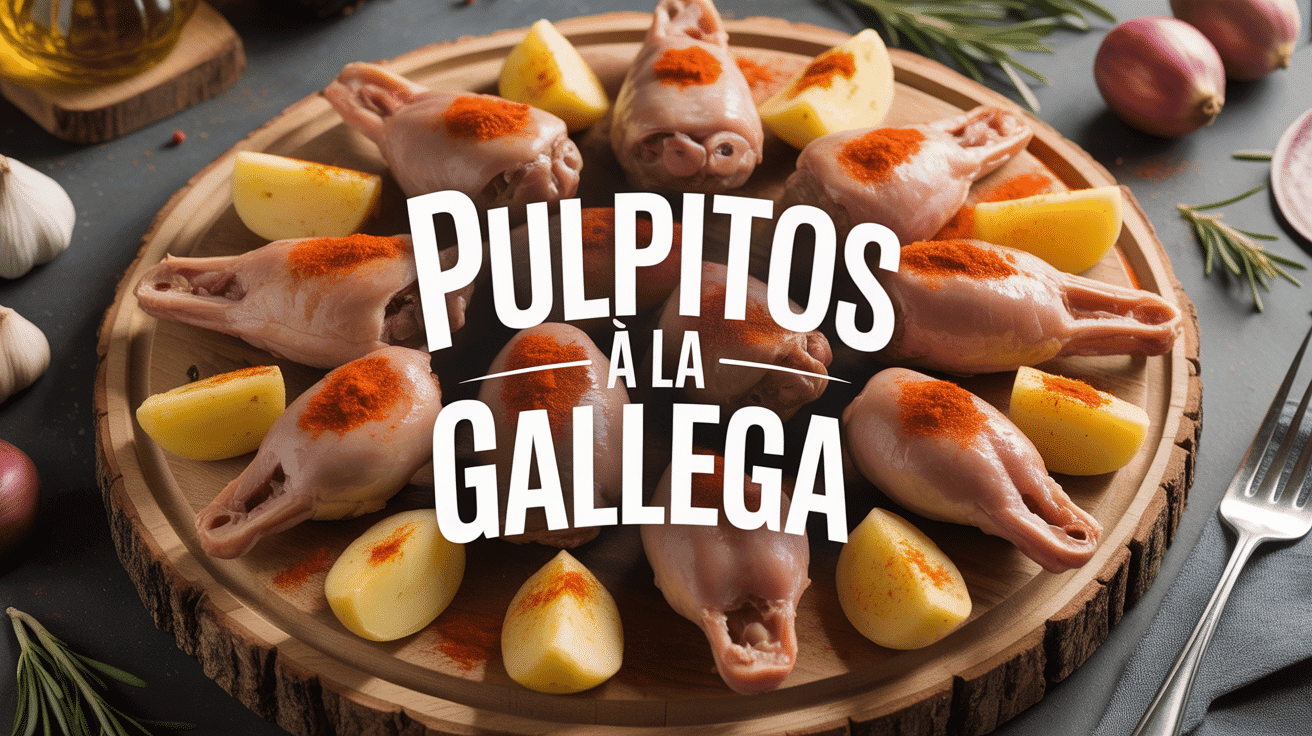 Pulpitos a la gallega sur assiette en bois avec pommes de terre