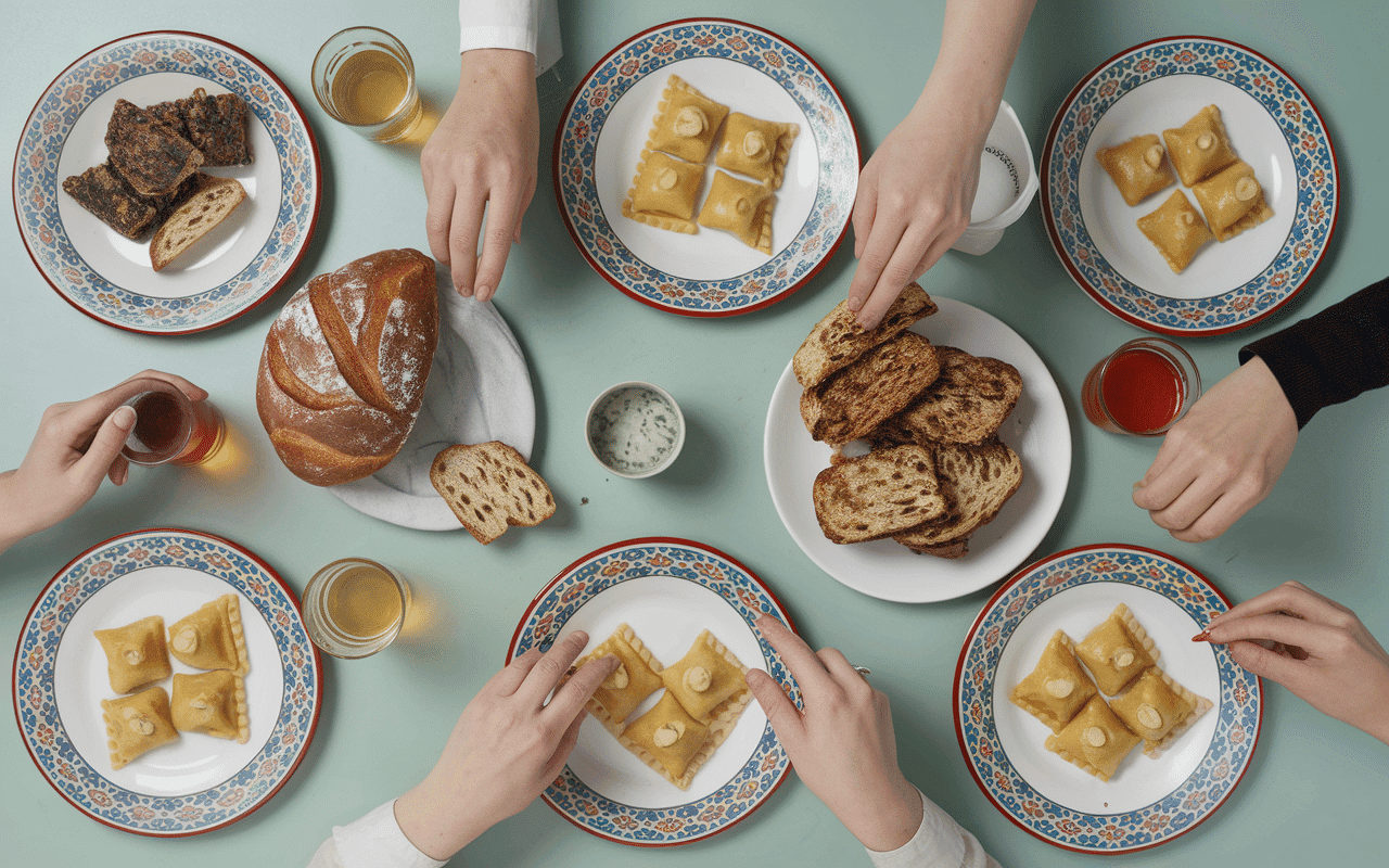Vue de dessus repas restaurant tchoutchoura avec raviolis et grillades
