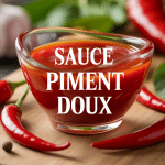 Bouteille sauce piment doux entourée ingrédients frais
