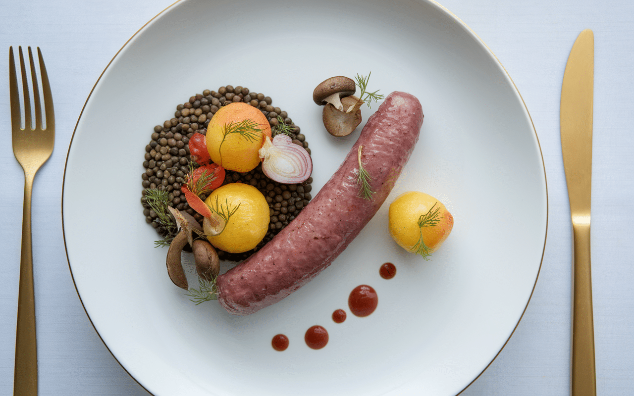 Saucisse de Toulouse accompagnement lentilles pommes oignons