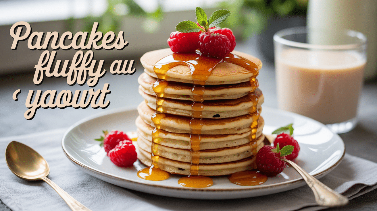 stack pancakes fluffy yaourt sur assiette, fruits rouges, miel