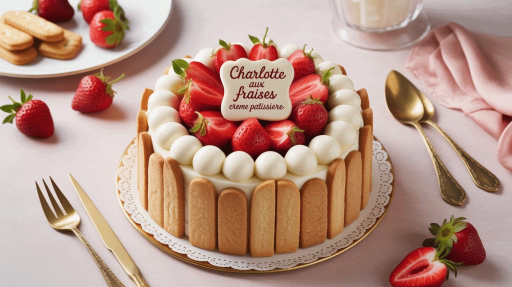 Charlotte aux fraises crème pâtissière sur présentoir décoré