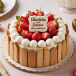 Charlotte aux fraises crème pâtissière sur présentoir décoré