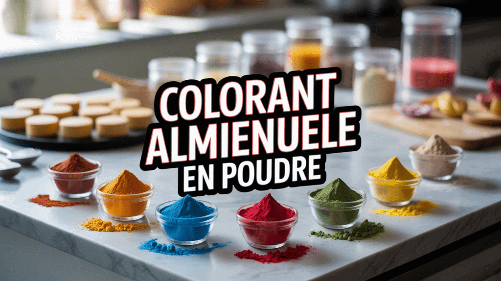 Bol de colorant alimentaire en poudre sur plan de travail pâtisserie