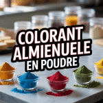 Bol de colorant alimentaire en poudre sur plan de travail pâtisserie