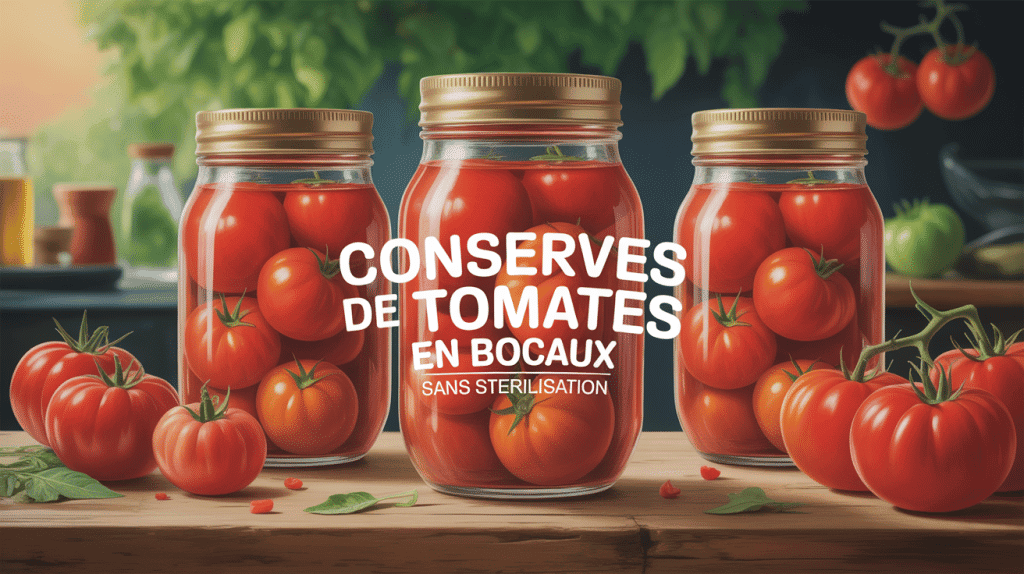 Bocaux de conserve de tomates en bocaux sans sterilisation sur table avec tomates fraiches