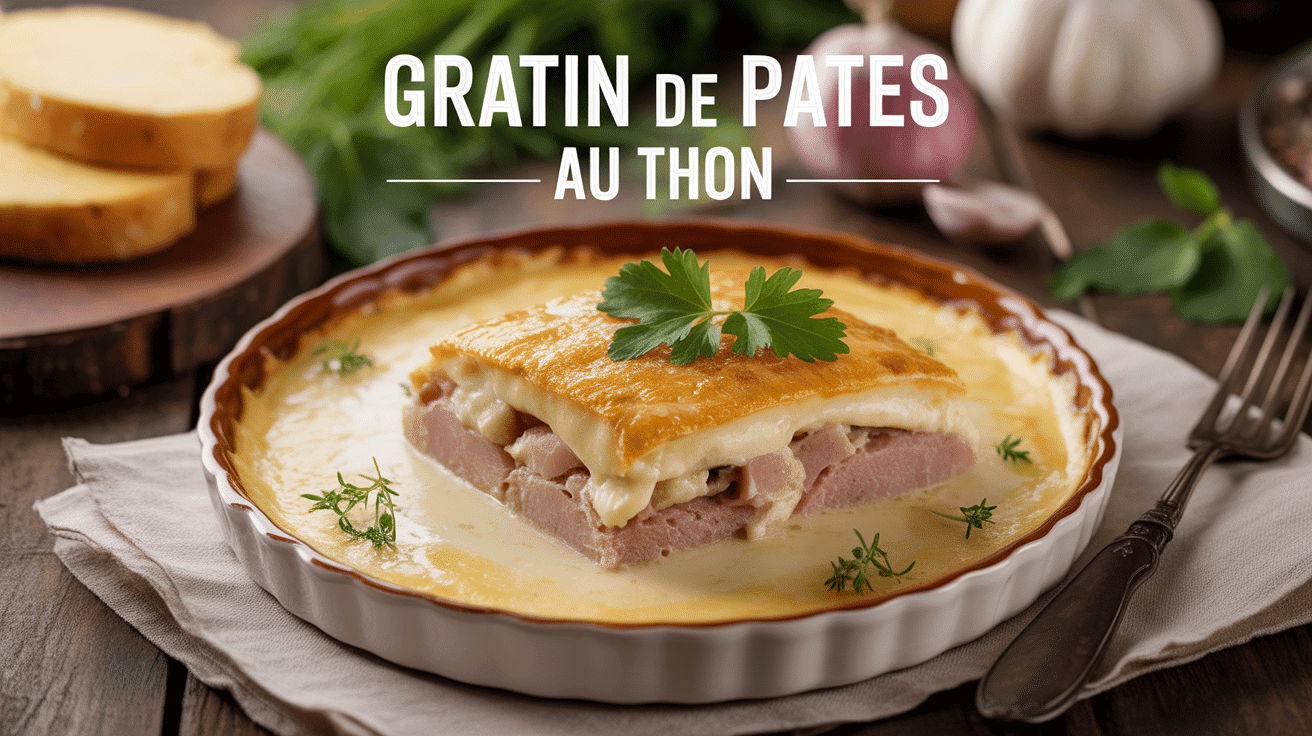 Gratins de pates au thon plat gratine sur table