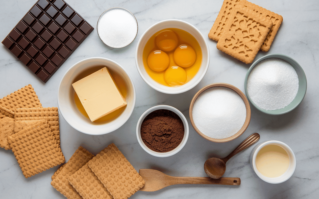 Ingredients pour marquise au chocolat avec biscuit sur marbre