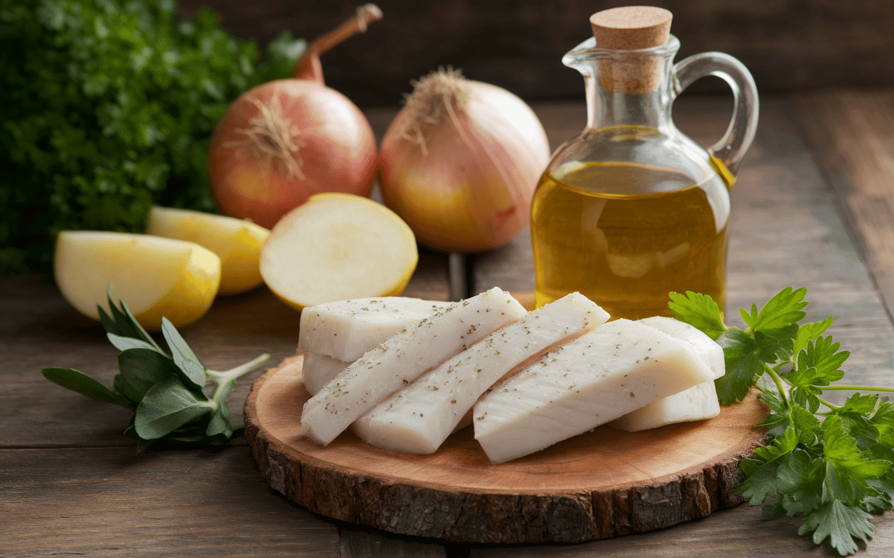 Ingredients pour morue a Braga sur plan de travail