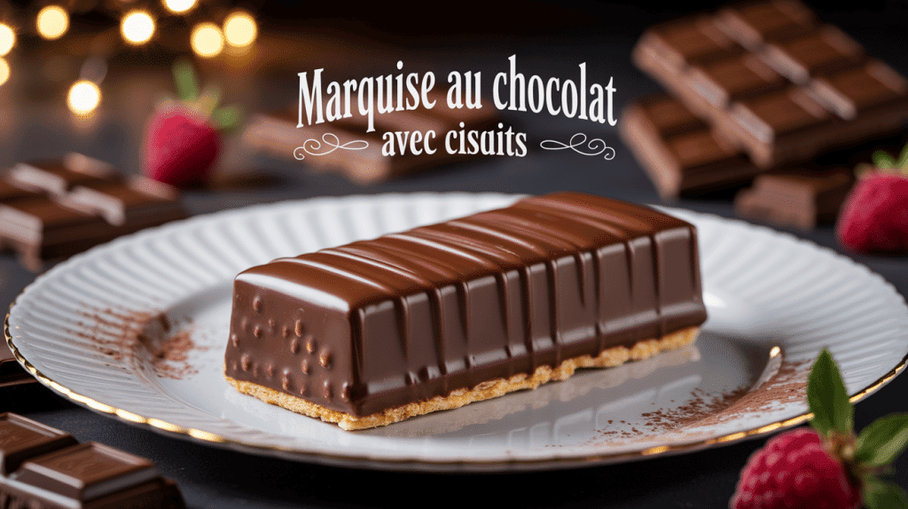 Marquise au chocolat avec biscuit sur plat blanc avec framboises