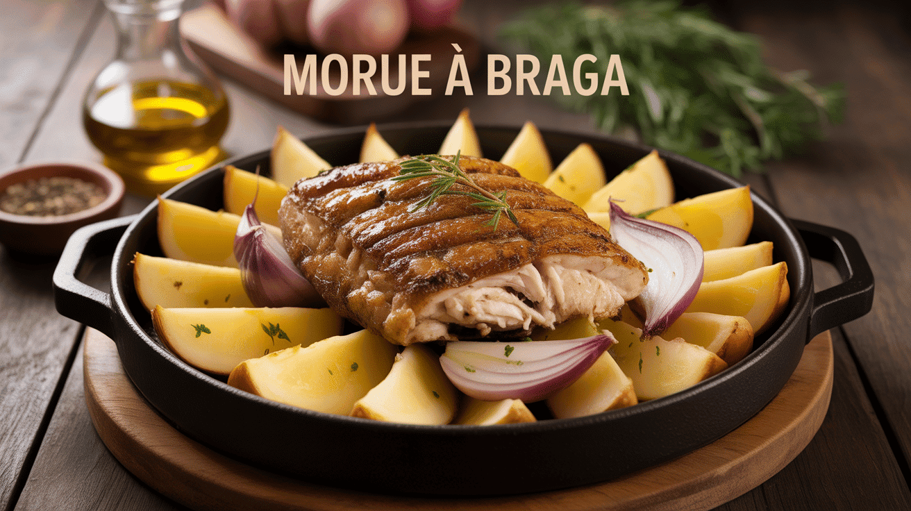 Morue a Braga dorée avec pommes de terre et oignons dans plat rustique