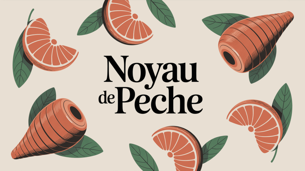Image stylisée noyau de peche avec peche tranche et feuilles