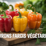 Poivrons farci vegetarien rouges jaunes et orange sur planche bois