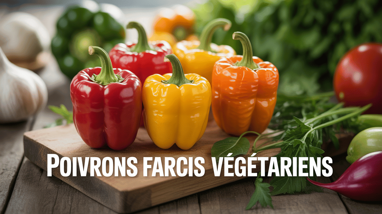 Poivrons farci vegetarien rouges jaunes et orange sur planche bois