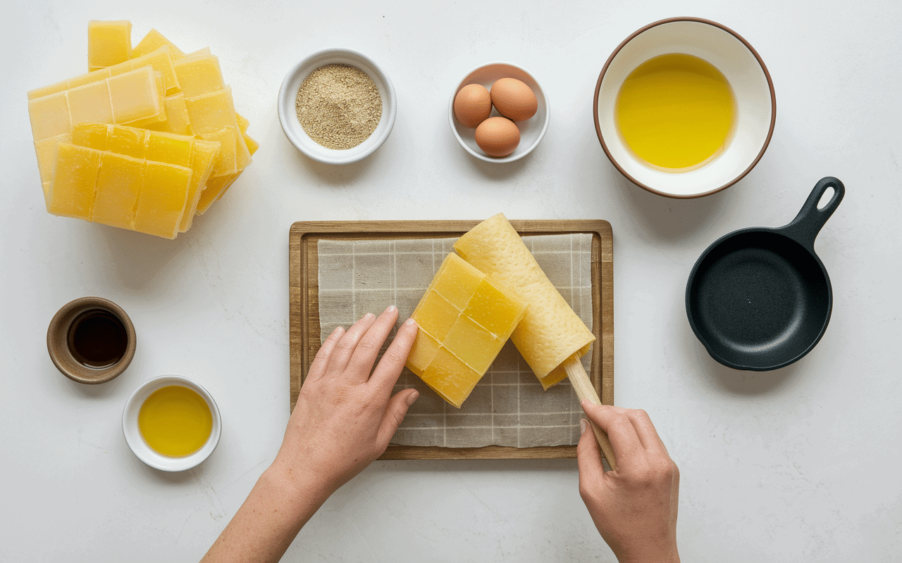 Ingrédients et pliage recette brick à l'oeuf tunisienne sur plan de travail