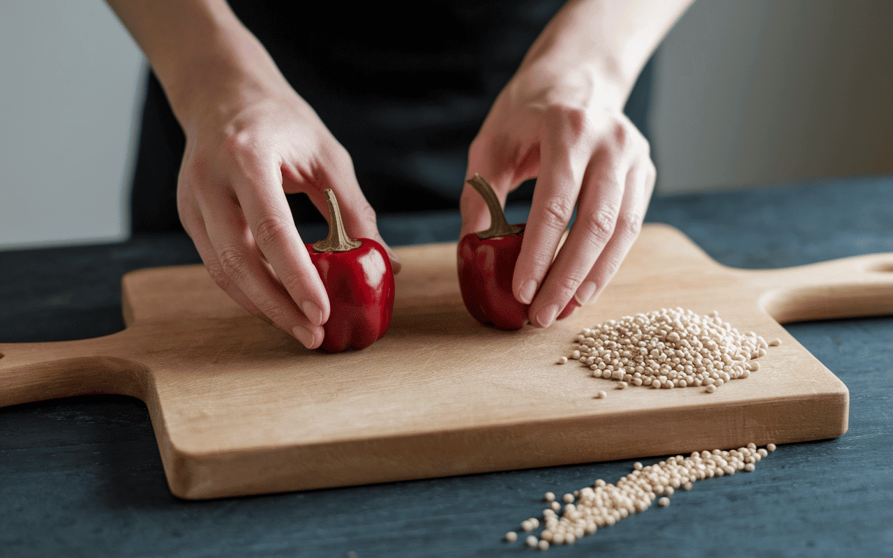 Préparer découper recette poivrons farcis main couteau