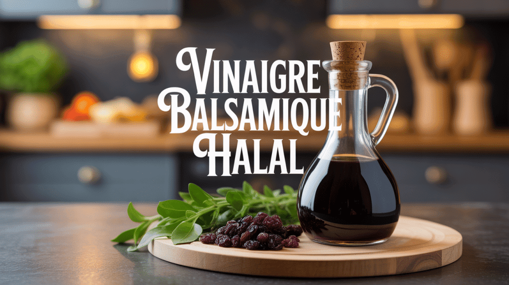 Bouteille de vinaigre balsamique halal et certification sur table