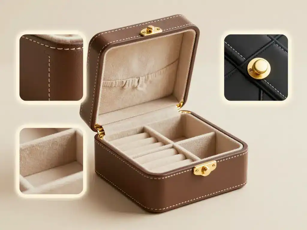 boîte à bijoux luxe détails couture charnières velours