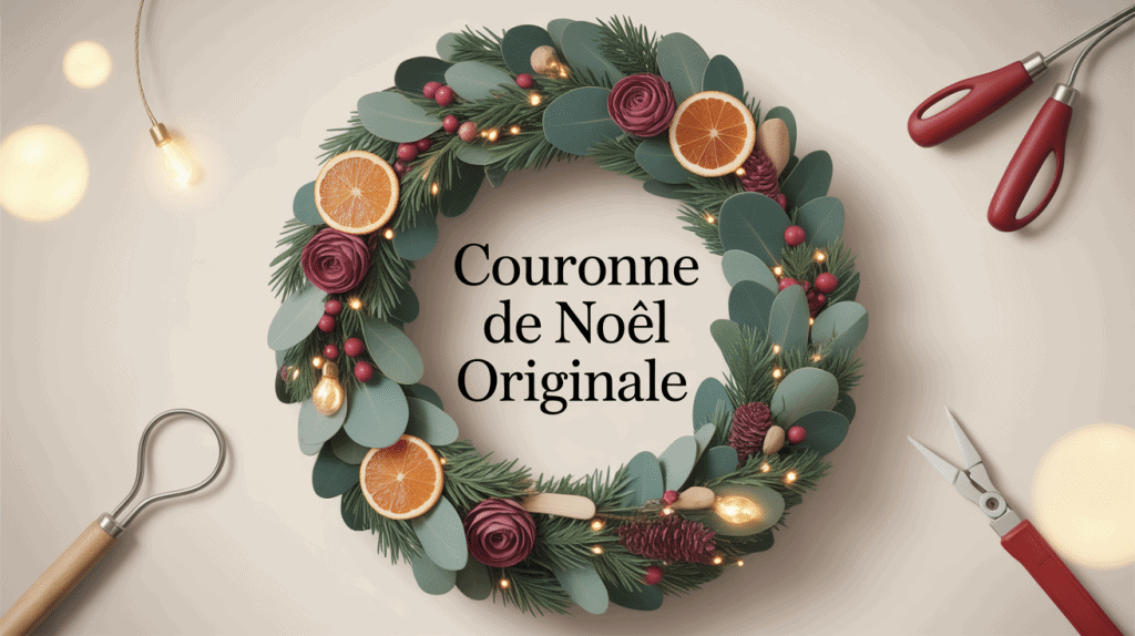 couronne de noel originale élégante avec eucalyptus rubans et LED