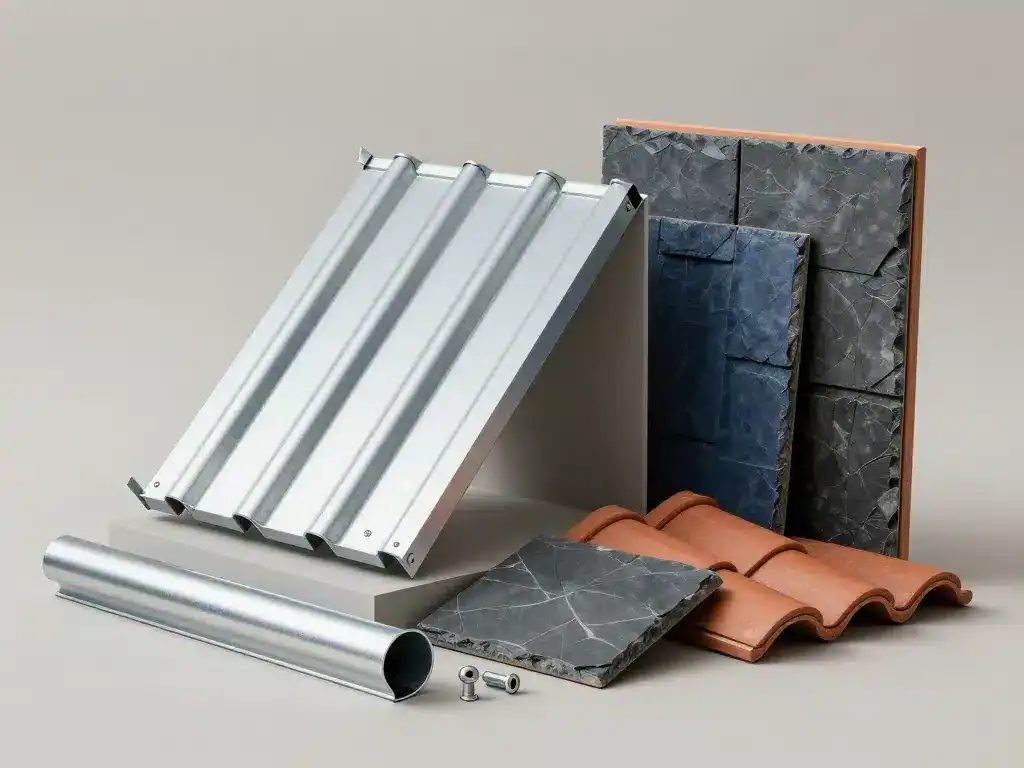 Scène produits de couverture zinguerie : zinc, aluminium, PVC, tuiles et ardoises