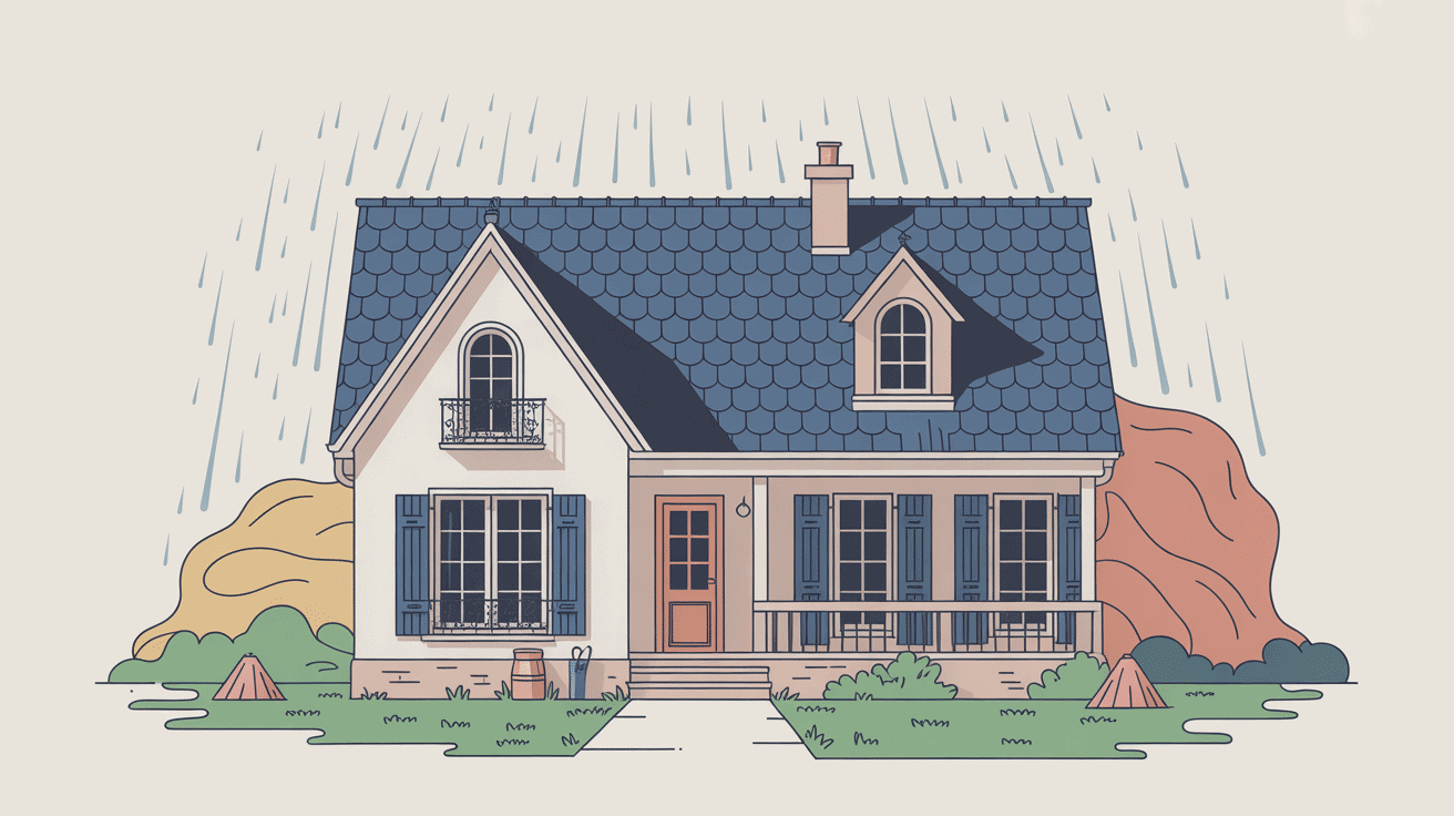 Illustration isométrique de couverture zinguerie avec gouttières, noue et abergements