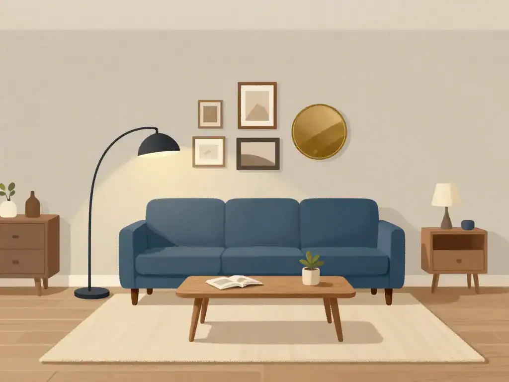 illustration agencement deco salon canape bleu avec tapis et lampes