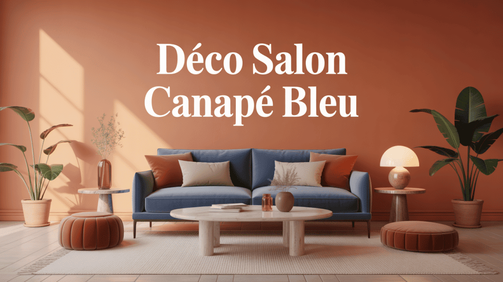 illustration deco salon canape bleu, tapis beige et laiton