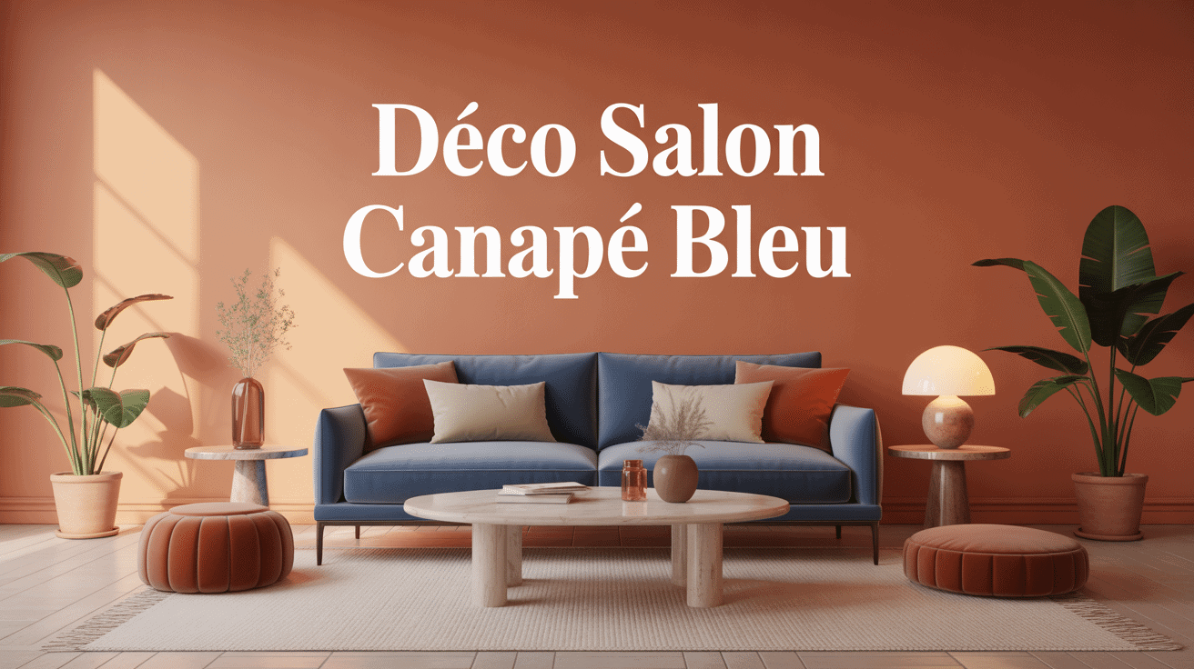 illustration deco salon canape bleu, tapis beige et laiton