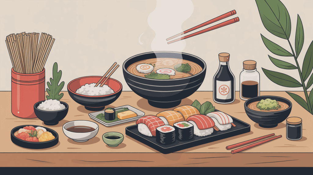 Table de plats japonais maison avec riz, sushis, ramen