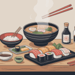 Table de plats japonais maison avec riz, sushis, ramen