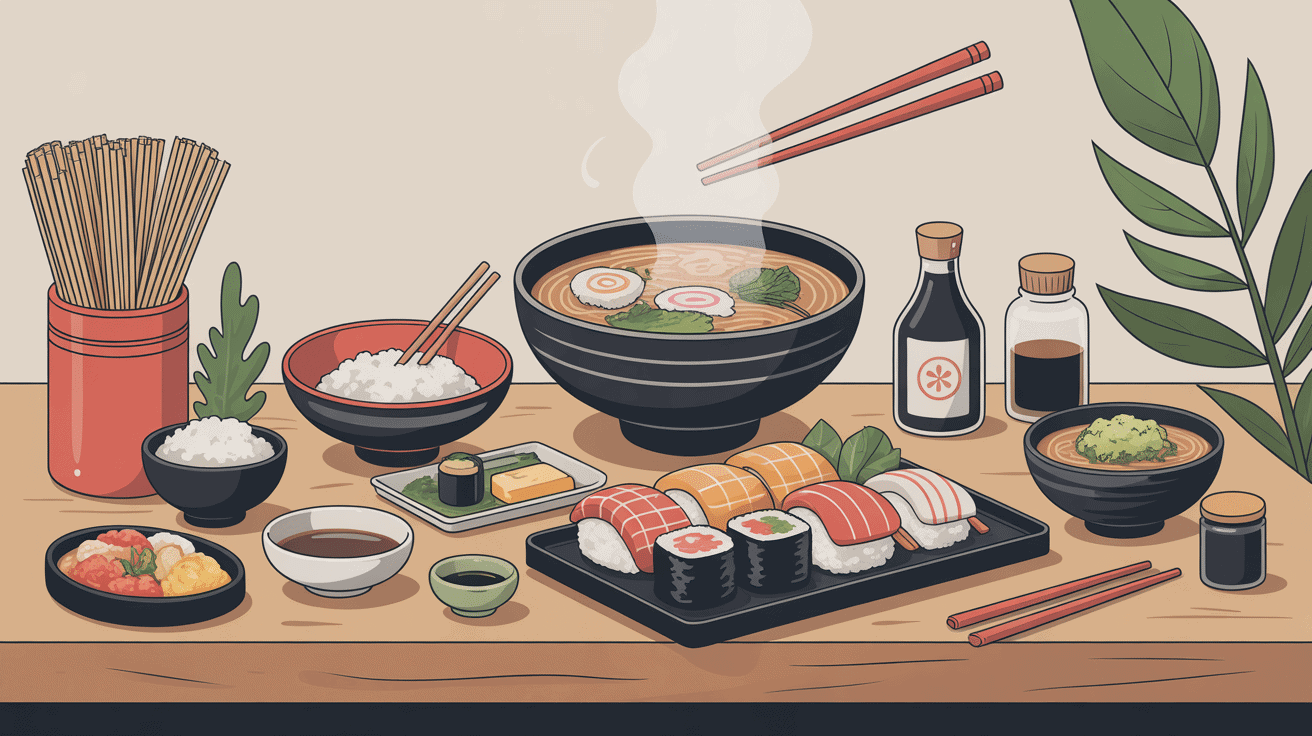 Table de plats japonais maison avec riz, sushis, ramen