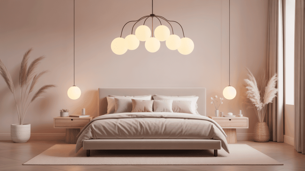 Illustration d’un lustre moderne pour chambre au-dessus d’un lit, lumière douce 2700–3000 K