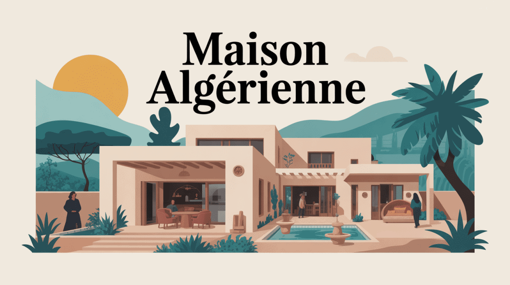 Illustration maison algerienne moderne avec patio, toit-terrasse et moucharabieh