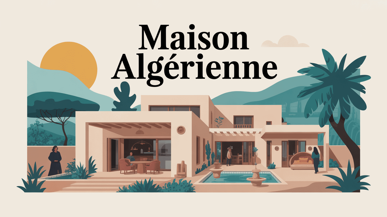 Illustration maison algerienne moderne avec patio, toit-terrasse et moucharabieh