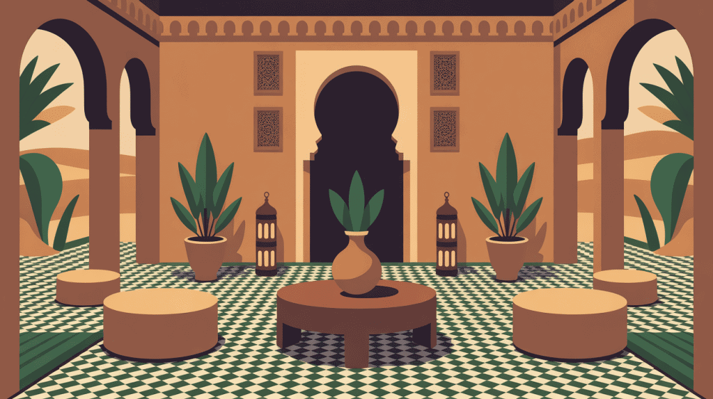 maison marocaine traditionnelle, vue isométrique du patio riad avec arcades et lanternes