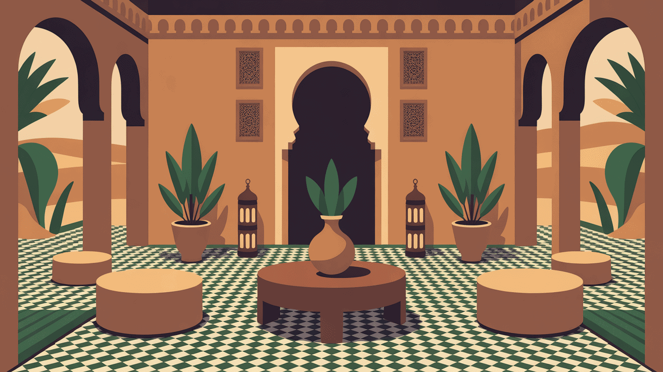 maison marocaine traditionnelle, vue isométrique du patio riad avec arcades et lanternes