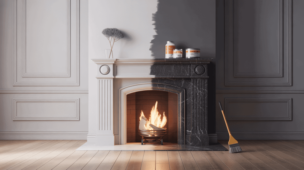 Peinture sur marbre cheminée, transformation avant après avec outils