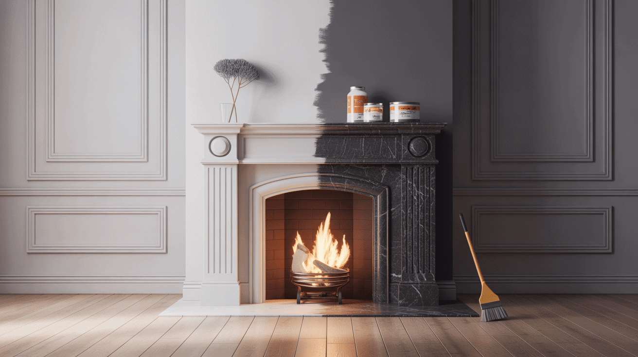 Peinture sur marbre cheminée, transformation avant après avec outils