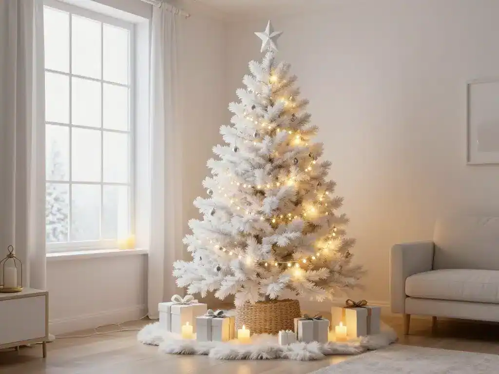 sapin de noel blanc bien place avec tapis et lumieres chaudes
