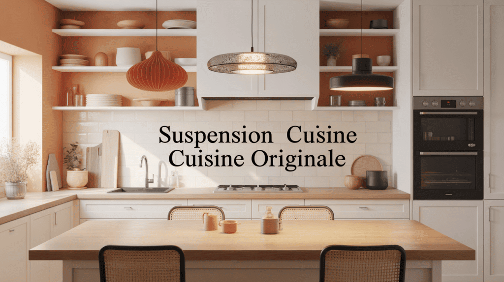 suspension cuisine originale sur îlot moderne, rotin verre métal