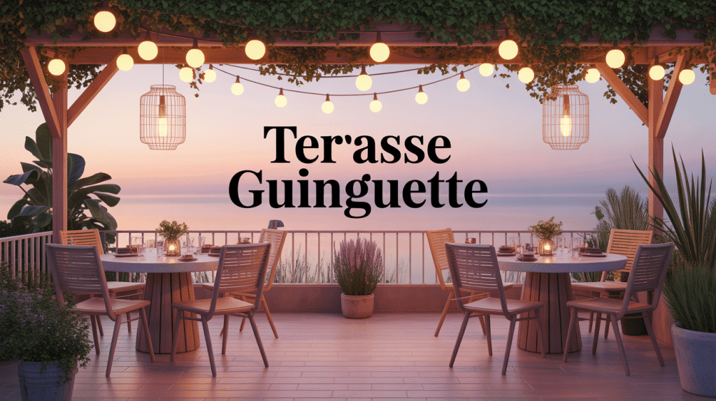 Visuel terrasse guinguette moderne au crepuscule