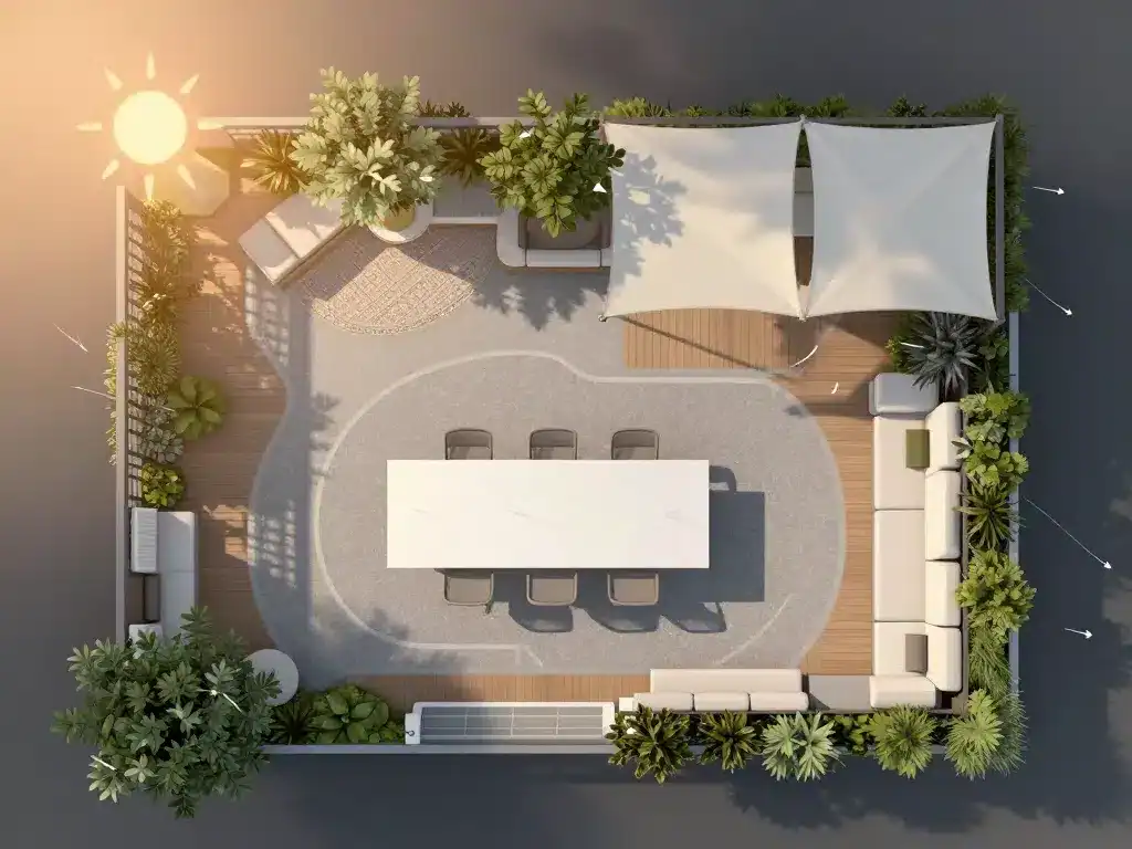 Schema terrasse guinguette zones repas salon circulation