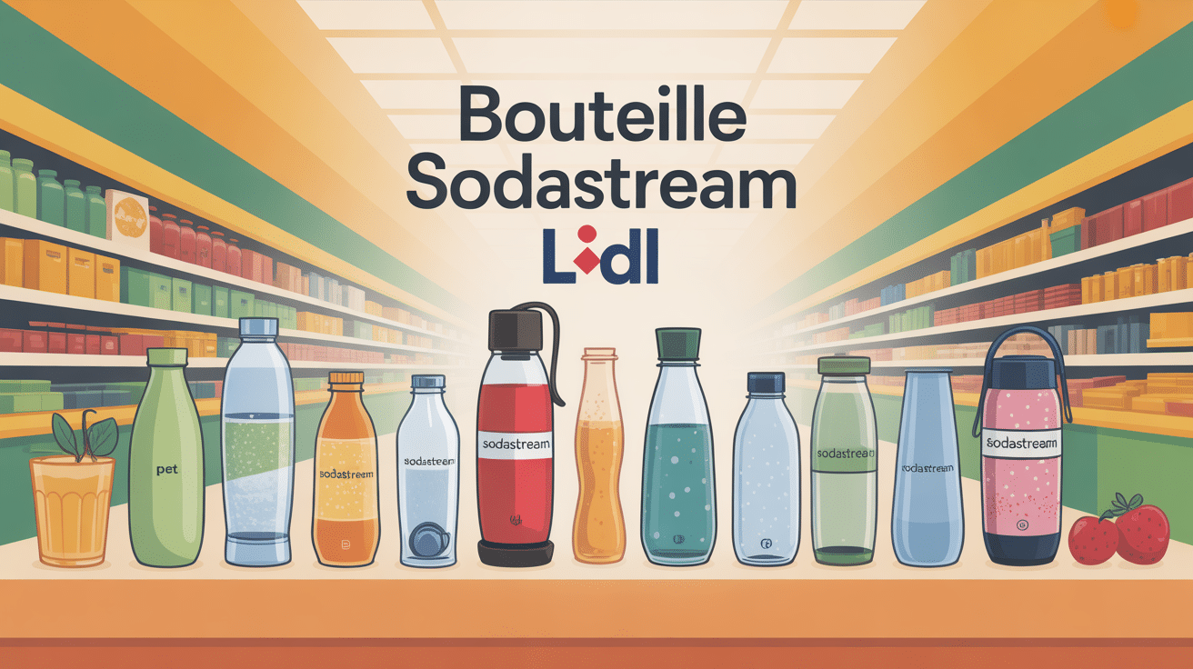 illustration de bouteilles sodastream lidl alignées en supermarché