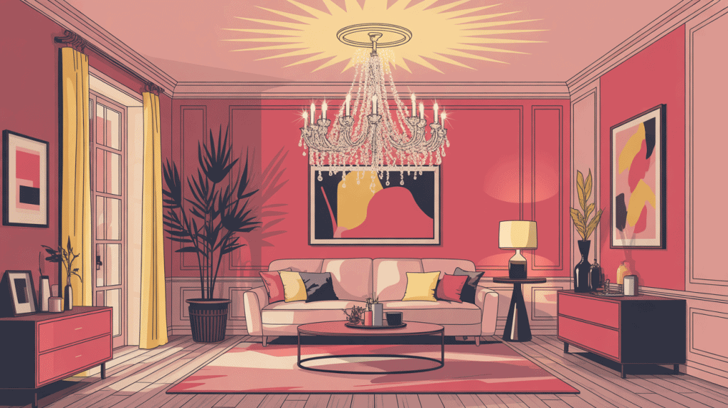 chandelier lustre au centre d’un salon moderne