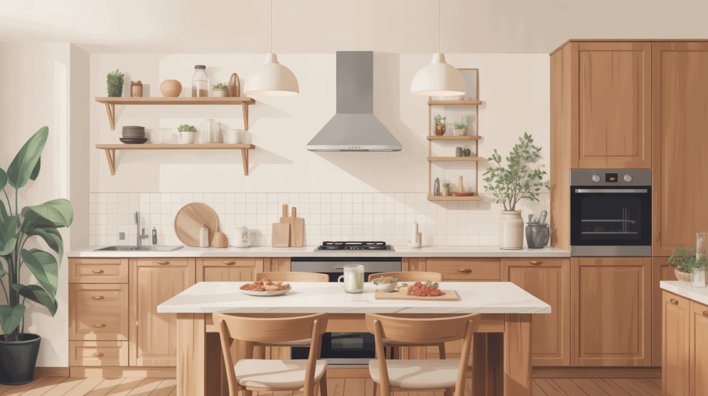 cuisine bois plan de travail blanc moderne îlot chaleureux