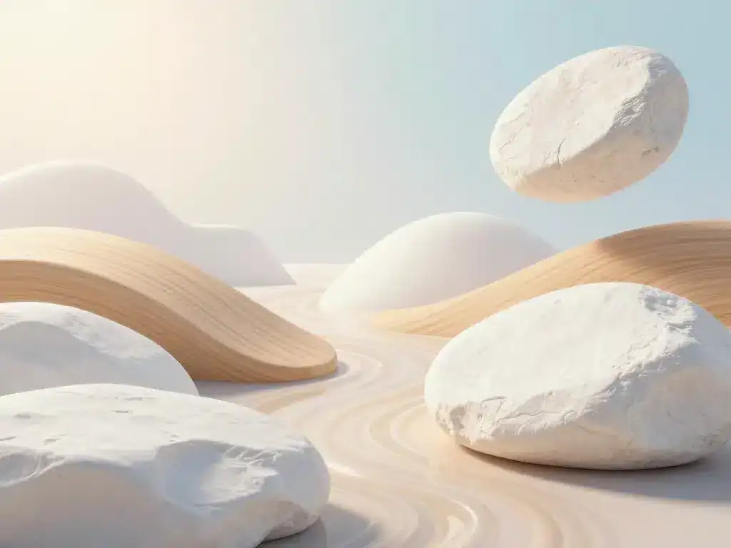 Cuisine plume lumière pastel, matières naturelles, aspect léger