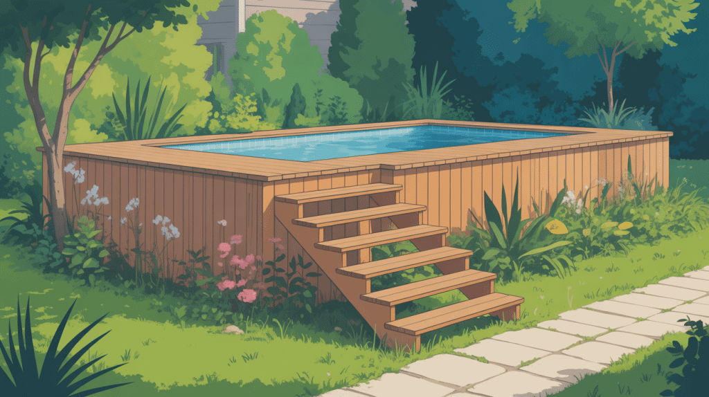 escalier bois piscine hors sol intégré jardin verdoyant