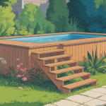 escalier bois piscine hors sol intégré jardin verdoyant