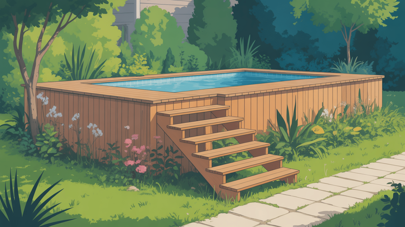escalier bois piscine hors sol intégré jardin verdoyant
